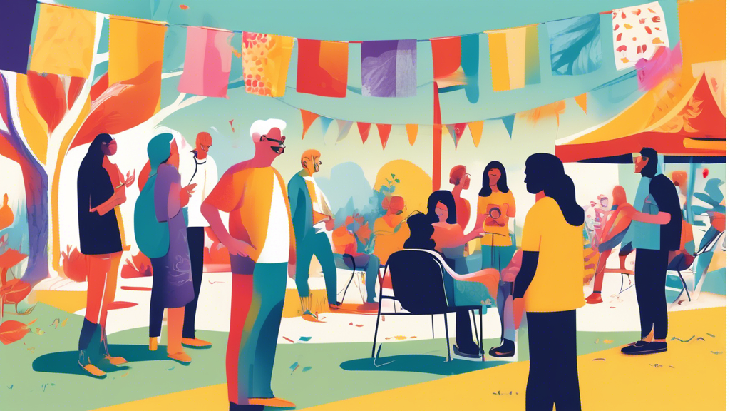 An engaging community event on a sunny day where therapists, including David Sternberg, are having insightful conversations with local residents about mental health, surrounded by colorful banners promoting psychological wellbeing.