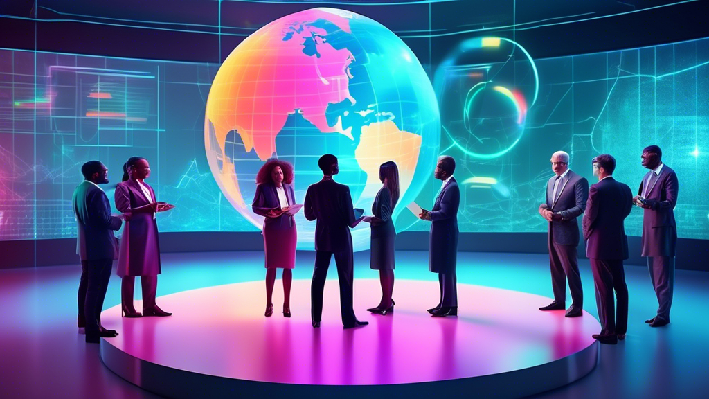 A group of diverse leaders standing around a holographic globe, analyzing data charts on quality and customer care, in a futuristic corporate boardroom.