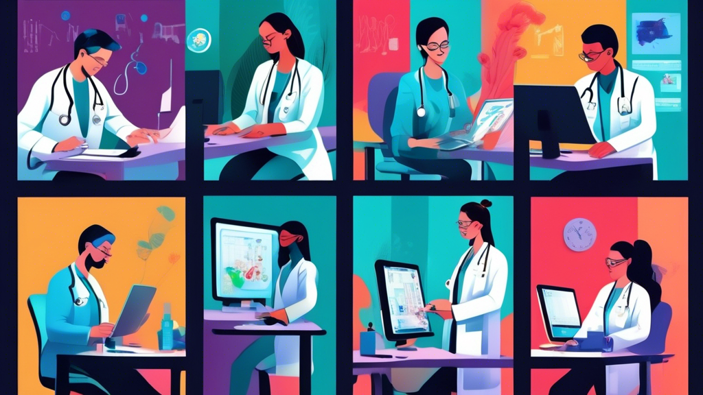 An illustrated collage featuring professionals in different healthcare settings: a medical coder at a computer, a medical scribe with a doctor and patient, and a technician monitoring patients remotely on multiple screens.