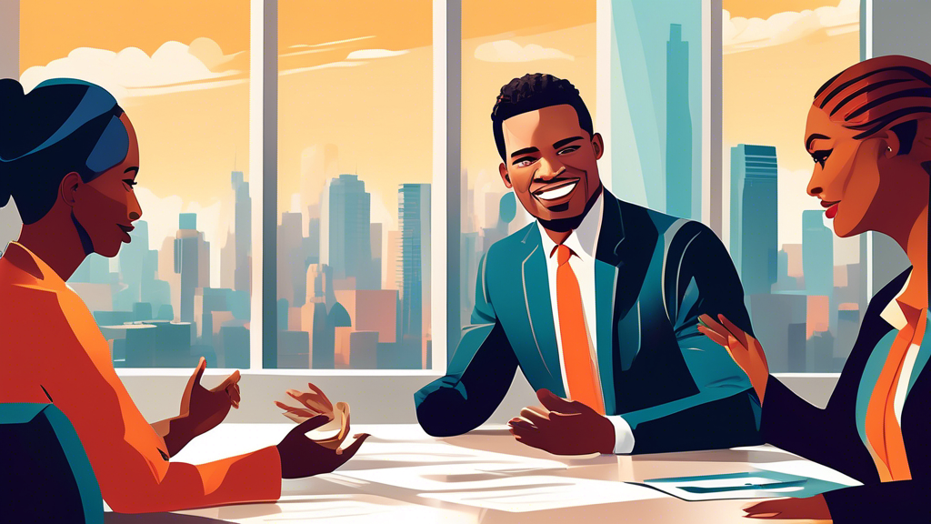 A confident candidate engaging in a dynamic conversation with a panel of diverse interviewers in a modern, light-filled office environment, with facial expressions and body language conveying a perfect balance of professionalism and approachability, set against a backdrop of a city skyline.