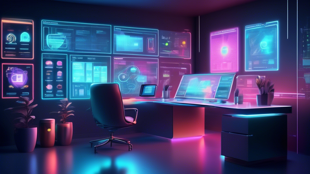 An ultra-modern home office with a futuristic virtual assistant hologram managing schedules, emails, and tasks on a sleek holographic interface, surrounded by digital displays showing high productivity metrics, all in a cozy yet professional setting.