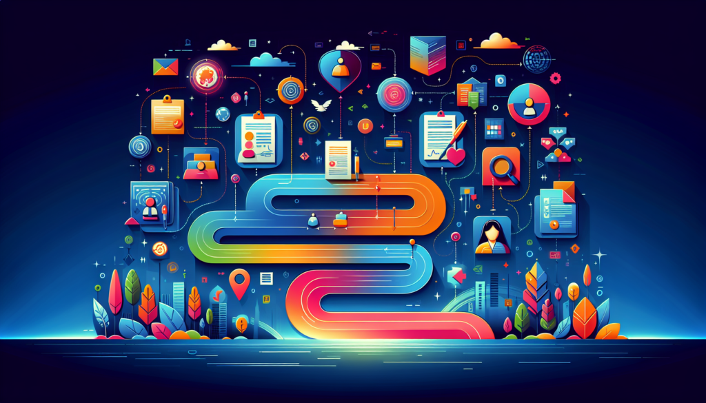 Illustration portraying a guide to the top credentialing companies, devoid of text. Rendered in a vibrant modern color palette. The scene is depicted in a cinematic style, with a wide aspect ratio showcasing an array of abstract representations of different credentialing processes. The process includes various stages like document verification, background checks, and accreditation, each represented by distinct colorful icons, shapes, or symbols, connected through a fluid, wavy line, depicting the journey one takes through the process.