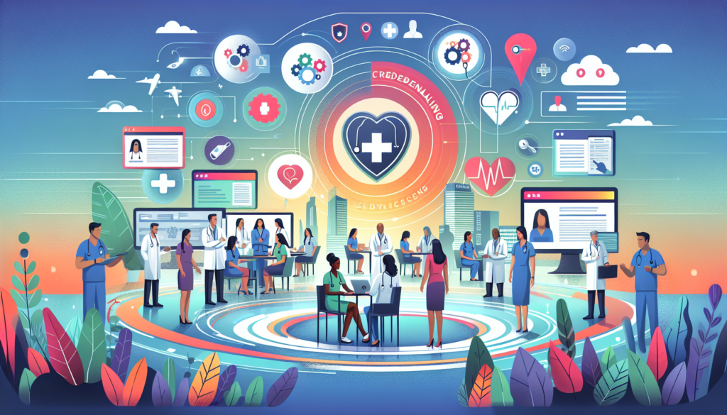 Create a cinematic-style, colorful and modern illustration that visually explains the process of credentialing services for healthcare providers. Visualize a diverse mix of clinicians of different genders and descents working cooperatively in a healthcare setting. Also, depict various modern technologies and digital platforms facilitating the credentialing process. The healthcare setting can be a hospital or a clinic and the healthcare professionals could be in the midst of a meeting or the credentialing process, collaborating and supporting each other.