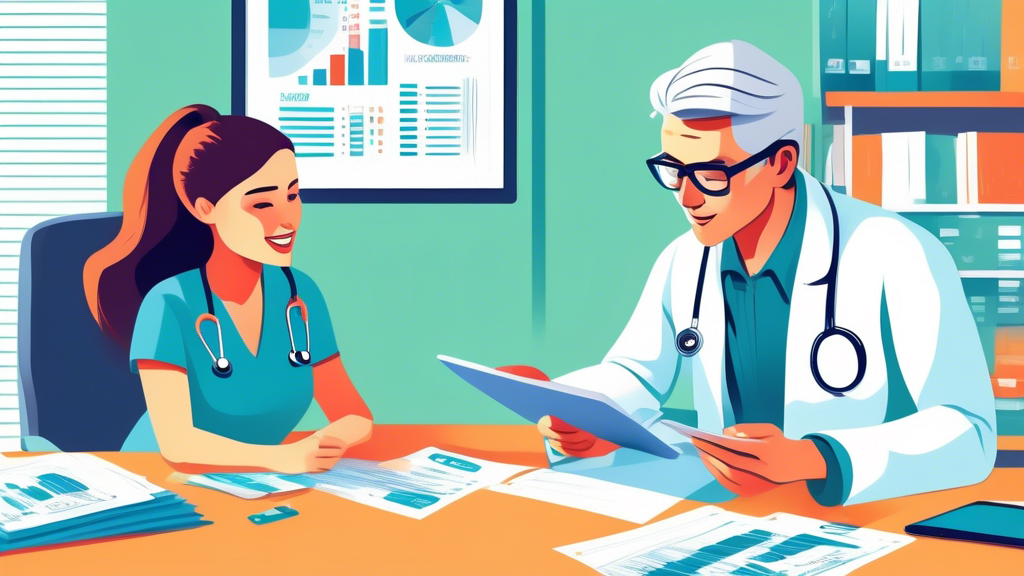 Illustration of a friendly doctor explaining medical bills to a young adult in a welcoming, easy-to-understand manner amidst piles of paperwork and digital tablets showing charts, set in a bright and modern medical office.