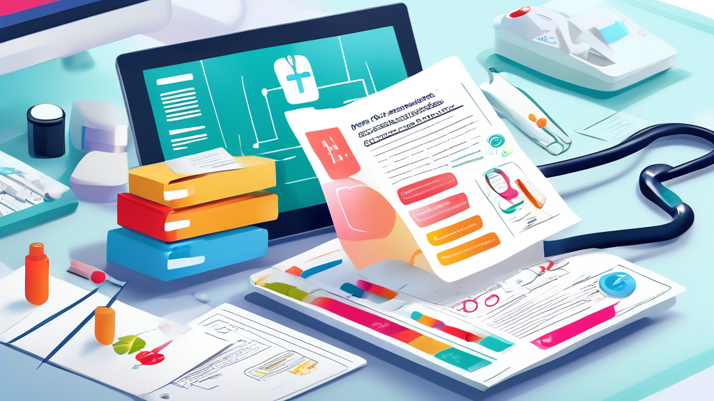 A digitally illustrated handbook open to a colorful, detailed infographic explaining the steps in the provider credentialing process in a healthcare setting, placed on a desk with medical equipment and documents around.