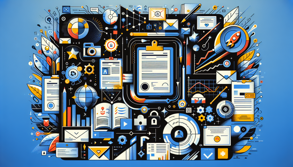 Create a modern and colorful, cinematic-style illustration that visually represents the fundamentals of insurance credentialing without the use of words. The image might include elements such as insurance forms, symbols, graphs, and certificates, all arranged in an engrossing and artistic manner.