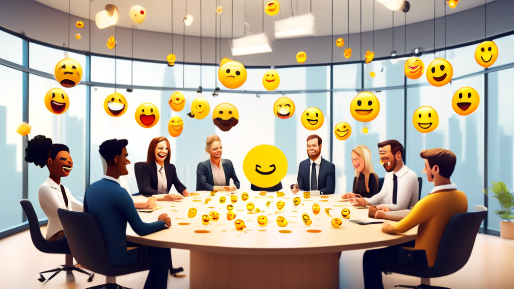 An interactive roundtable consultation with clients providing feedback and suggestions to a smiling business team, surrounded by emojis representing satisfaction, improvement, and communication, in a well-lit modern office environment.