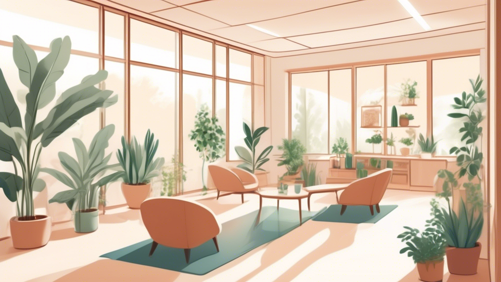 An illustration of a serene and well-lit hospital break room designed as an oasis for critical care providers, showing comfortable chairs, a variety of plants, and relaxing activities such as a yoga mat and a book nook.