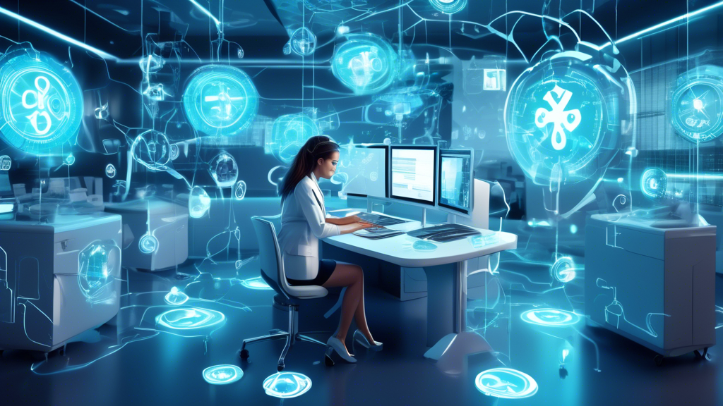 Digital illustration of a busy medical virtual assistant making errors on a computer in a futuristic virtual office setting, with seven caution symbols floating around.