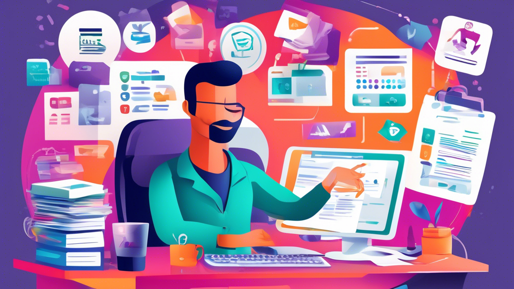 A highly detailed illustration of a person sitting at a desk filled with documents and a computer screen displaying Aetna's logo, surrounded by icons representing different stages of the credentialing process, such as forms, approvals, and a checklist, all set in a modern office environment.