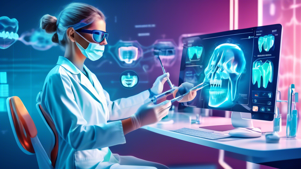 A futuristic digital illustration of a dental virtual assistant using augmented reality to guide a patient through a telehealth consultation, with dental tools and a virtual interface displaying patient data in the background.