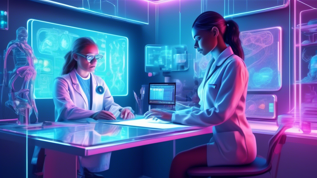 An illustration of a futuristic, holographic virtual medical assistant diagnosing a patient in a smart, high-tech home office.