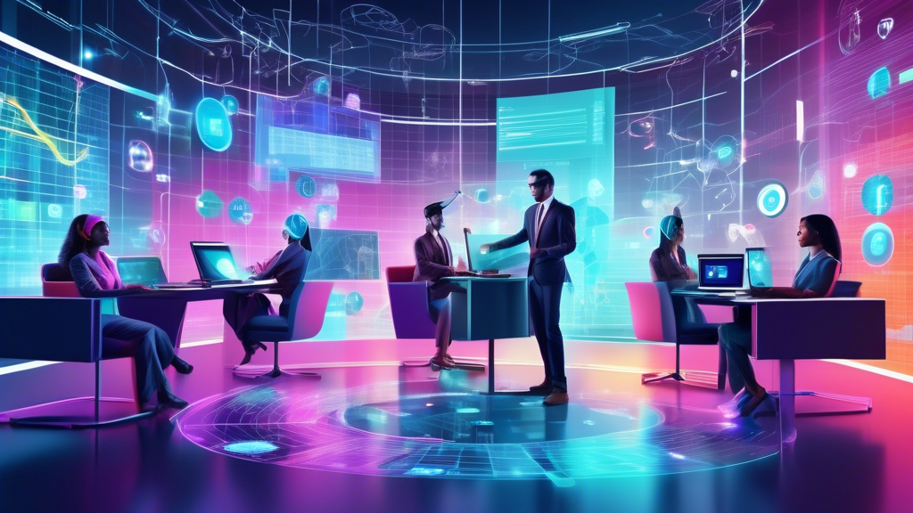 Create a futuristic image of virtual assistants managing various parts of a thriving business operation, showing digital avatars interacting with graphs trending upwards, financial reports, and engaging with customers through holographic interfaces, all depicted in a dynamic and colorful corporate office setting.