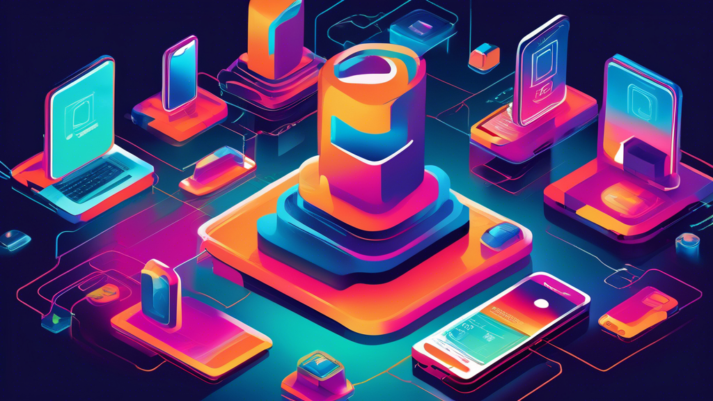 An illustration of a digital fortress surrounding a smartphone, computer, and tablet on a virtual landscape to symbolize the protection of personal information in the digital age.