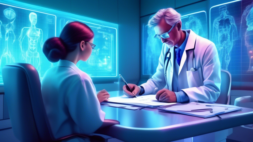 An animated doctor examining a patient with the help of a digital virtual medical scribe taking notes in a futuristic clinic setting.