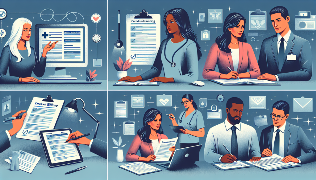 Create a detailed and colorful image in a modern, cinematic style that represents the process of Medical Billing and Credentialing Services. To clarify the process, show a diverse team working together. Include a South Asian woman patiently explaining the medical billing process from a computer screen, a Middle Eastern man diligently cross-referencing documents for credentialing verification, and a Black woman reviewing information on a tablet device for final approval. Don't use any words in the illustration, the image should convey the process through visuals alone.