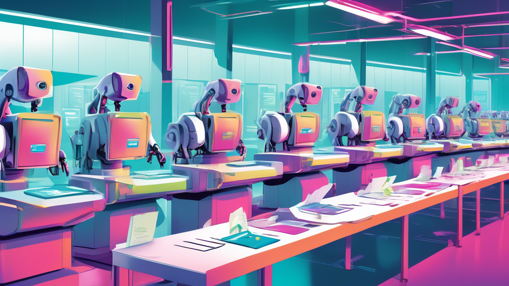 Digital illustration of a streamlined, futuristic credentialing assembly line with Humana insurance paperwork being processed efficiently by robots and computers.