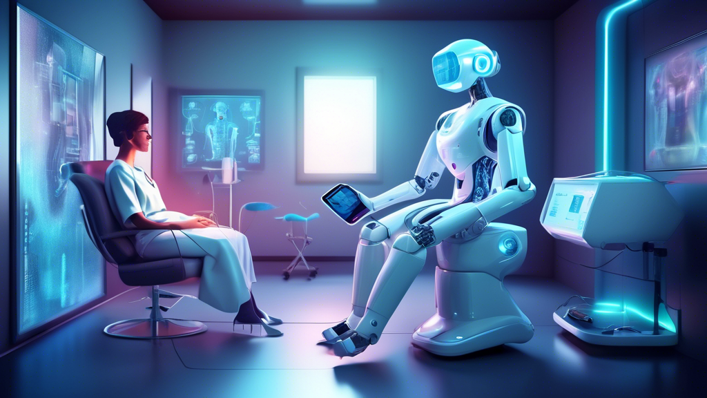 A futuristic digital illustration of a tele-triage assistant robot providing medical consultation to a patient through a virtual reality interface in a modern, high-tech home environment.