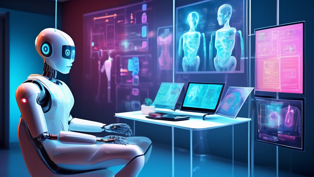 A futuristic telehealth assistant robot conducting a virtual medical consultation with a patient through a screen, surrounded by digital interfaces displaying vitals and medical data, in a high-tech home environment.
