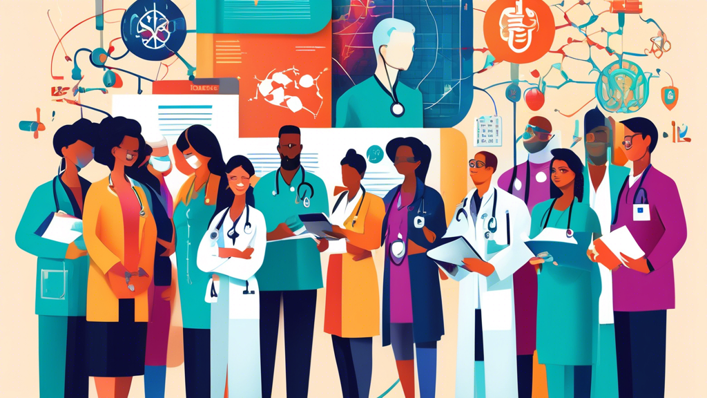An illustration of diverse healthcare professionals standing in front of a large, open guidebook titled 'Top Medical Credentialing Companies,' with the background featuring iconic symbols from various medical fields and digital networks connecting them all together.