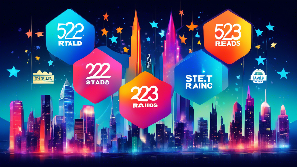 An illustrative collage showcasing logos of the top-rated credentialing companies of 2023, with glowing five-star ratings floating above each logo, set against a futuristic cityscape background.