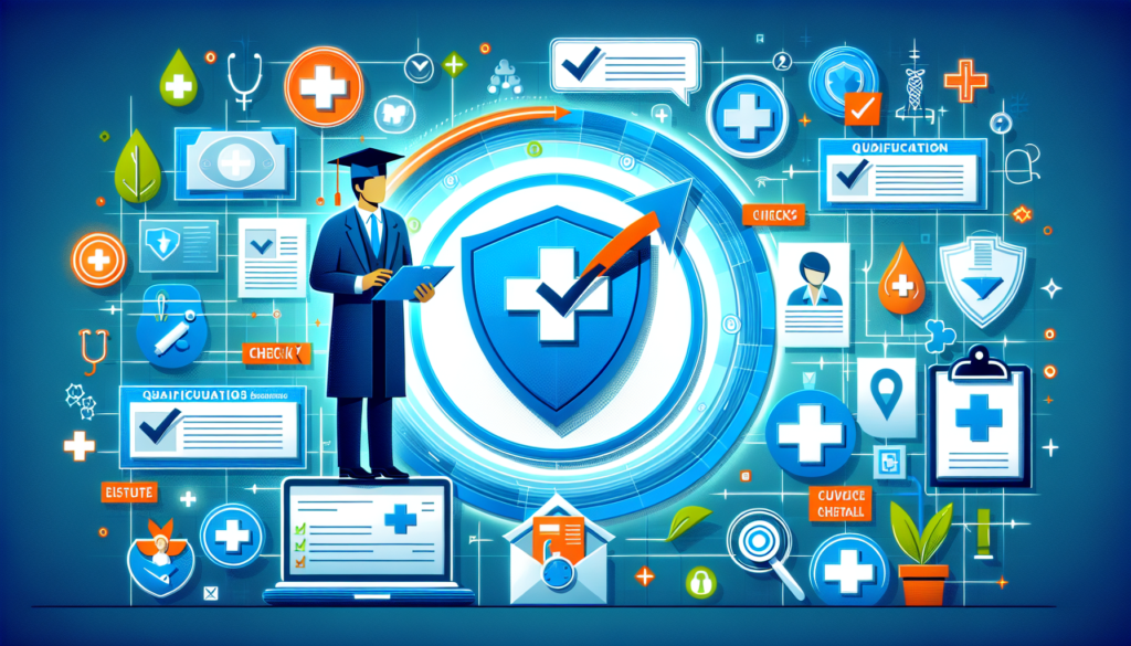 A detailed, colorful and modern cinematic illustration depicting the process of credentialing in the healthcare sector, specifically associated with an insurance provider symbolized by a blue cross and blue shield. Illustrate the various steps in an easy to understand manner, including checking qualifications, experience and history. Include symbols for graduation hats, medical icons, verification checks, and insurance-specific symbols in a thoughtful way that emphasizes clarity and ease of understanding across a diverse audience.