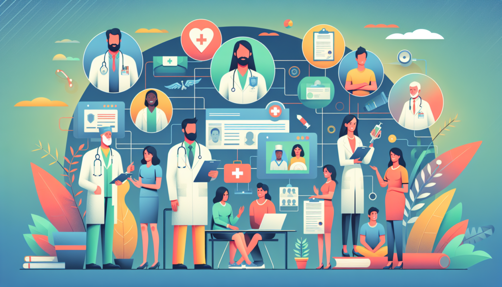 Create a cinematic styled, modern and colorful graphical illustration depicting the process of healthcare credentialing. The scene represents a simplified guide, perhaps showing a diverse set of healthcare practitioners of various descents and genders like a Caucasian male doctor, a Hispanic female nurse, a Middle Eastern physical therapist, and a South Asian hospital administrator, each interacting with different components of the credentialing process such as medical licenses, education certificates, and insurance verification. Remember, the focus is on illustration, without any text.