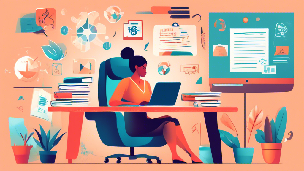 A serene office space with a therapist sitting at a desk covered in paperwork, while a laptop screen shows an educational webinar on insurance credentialing, all surrounded by symbolic icons of insurance companies and a calm, reassuring atmosphere.