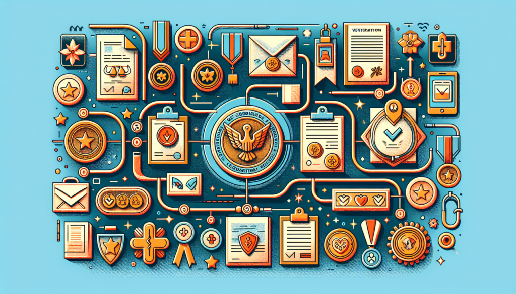 Create a modern and colorful cinematic style illustration, devoid of any text, that visually represents the process of Medallion Credentialing in the healthcare industry. The image could feature different symbolic elements such as medical emblems, formal documents, verifying stamps, etc., laid out in a way that diagrammatically elucidates the sequential stages of the process.
