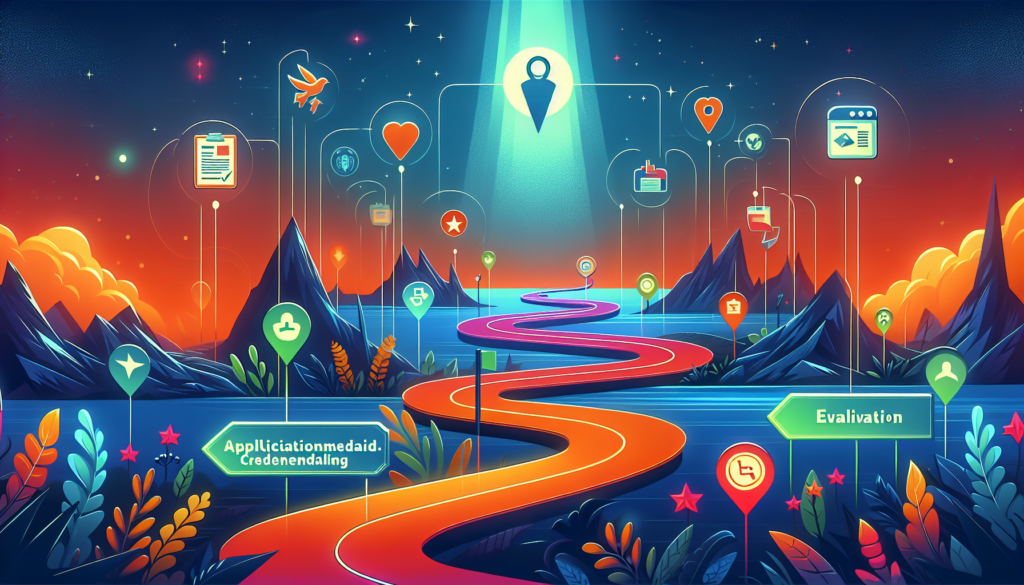 Create an illustration in a vibrant and modern style, infused with a cinematic ambiance, portraying the process of Medicaid credentialing. Depict a trail marked with distinct milestones demonstrating various stages of the process, like application submission, evaluation, and final approval. Keep it abstract, bright, and symbolic. Do not include any text or words in the imagery.