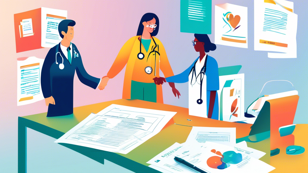Illustration of a doctor and an accountant shaking hands over a table filled with medical billing documents, a laptop showing credentialing software, and a sign that reads 'Partnership in Healthcare'.