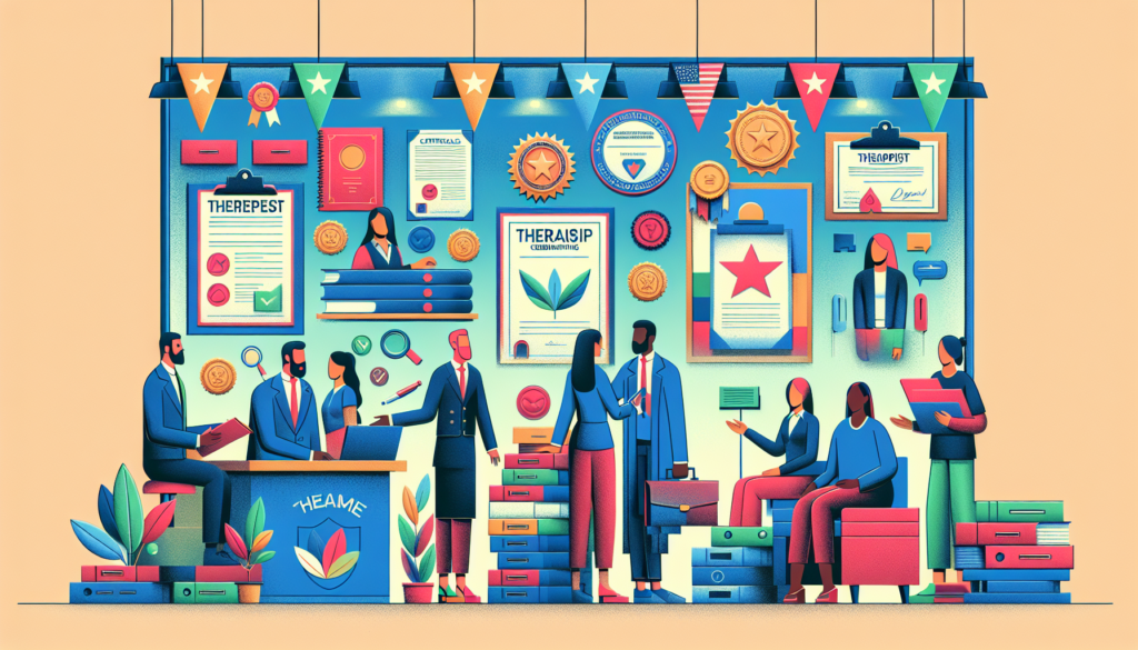 Create an image in a colorful and modern cinematic style that depicts the process of therapist credentialing services. The scene should include elements like therapy booths, record books, certificates, seals of approval, people interacting in professional attire. Formulate a glimpse into the complex, regulated world of professional mental health services. Show therapists of diverse genders, such as male and female, and of various descents, like Caucasian, Hispanic, Black, Middle-Eastern, and Asian. Please note, this is an illustrative piece and there should be no words or text used within the image itself.