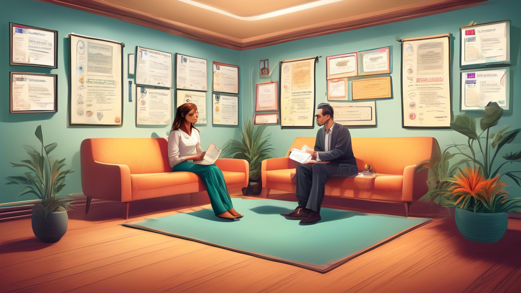 An intricate digital illustration of a serene and professional consultation room with various certificates and credentials adorning the walls, in the center of which a compassionate therapist is attentively listening to a client, symbolizing trust and expertise in therapy.