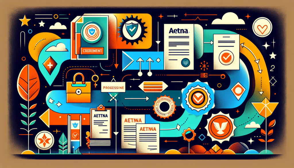 Illustration representing the Aetna Credentialing process in a colorful and modern style. Imagine an abstract representation of a step-by-step procedure involving documents, official seals, and progression symbols. Strive for a cinematic look with a modern aesthetic, filled with a rich and diverse color palette.