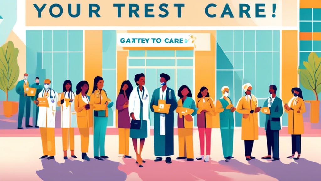 A vibrant illustration showing a diverse group of healthcare professionals, each holding a golden key symbolizing their unique credentials, standing in front of a large, welcoming hospital with a banner overhead reading 'Credentialing: Your Gateway to Trusted Care'.