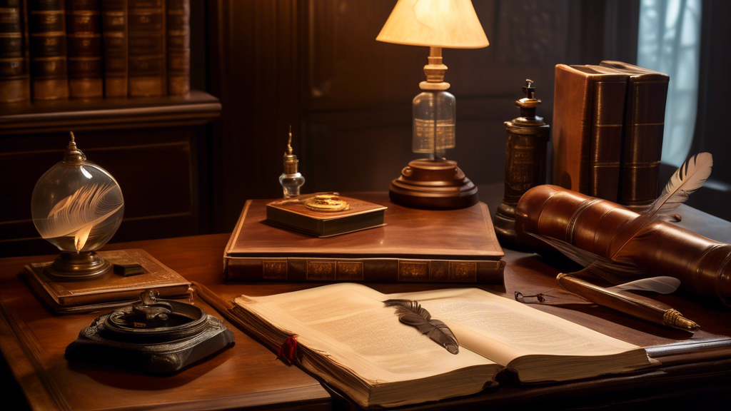 An elegant, vintage-inspired study room with a large, polished wooden desk. On the desk lies an open, ancient book about medical history. Beside it, an inkwell and feather quill, a stack of parchment, and a glowing, ornate medallion that emits soft light, highlighting its intricate design featuring symbols of various medical professions. The room is softly lit by a candle chandelier, and on the back wall, a large, detailed tapestry illustrates the evolution of medical credentials through the ages.