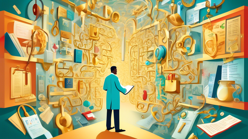 An intricate illustration of a doctor holding a large, golden key in a maze filled with medical documents, diplomas on the walls, and various healthcare symbols, symbolizing the process and challenges of physician credentialing.