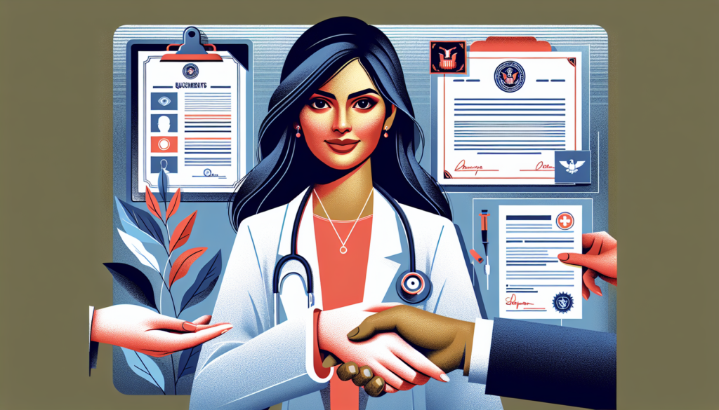 Create a detailed, modern, and colorful image in a cinematic style that captures the essentials of physician credentialing. This could include illustrations of documents denoting qualifications such as medical degrees and board certifications, hands exchanging these documents, and a physician with an air of accomplishment and pride. The physician depicted is a confident South Asian female wearing a medical coat. Remember, no words should be included in this illustration. Please maintain a sleek, modern look and feel.