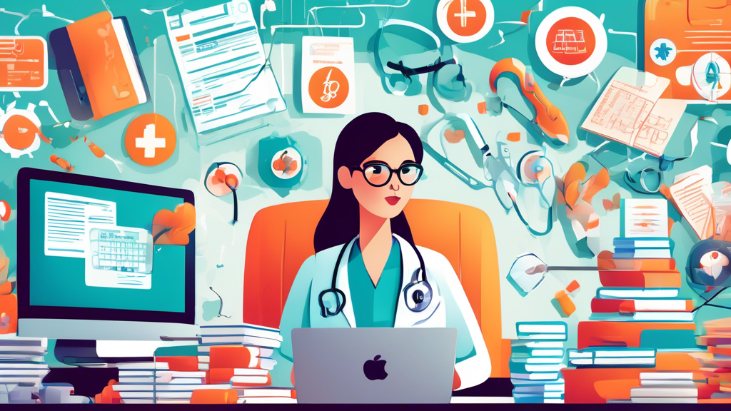 An illustration of a professional medical biller at work in a modern office, surrounded by piles of paperwork, medical coding books, and a computer displaying medical billing software, with a backdrop of healthcare symbols and dollar signs.