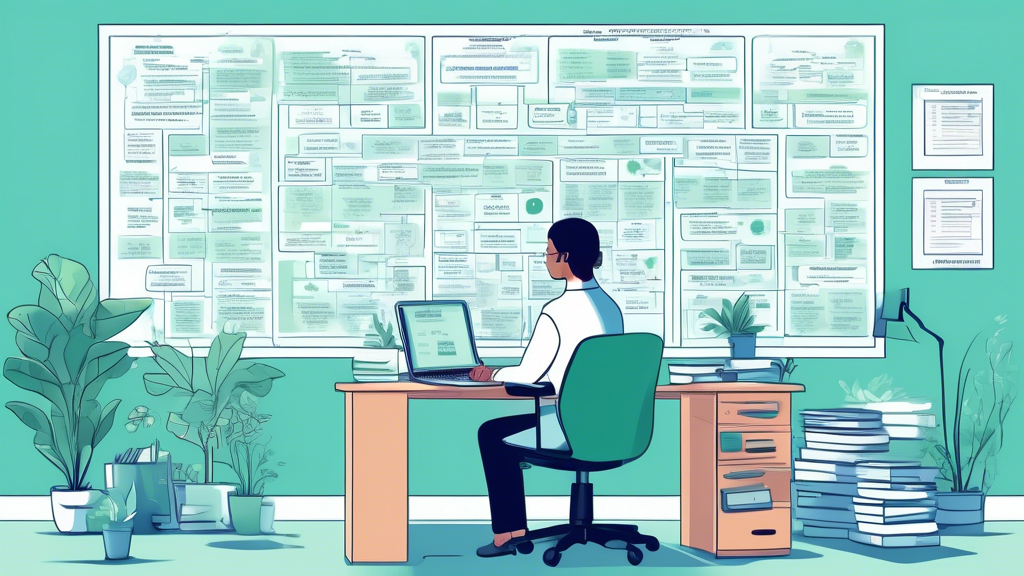 An organized office space with a mental health professional reviewing a large, detailed flowchart labeled 'Credentialing Process', surrounded by books on psychology and mental health, a computer displ