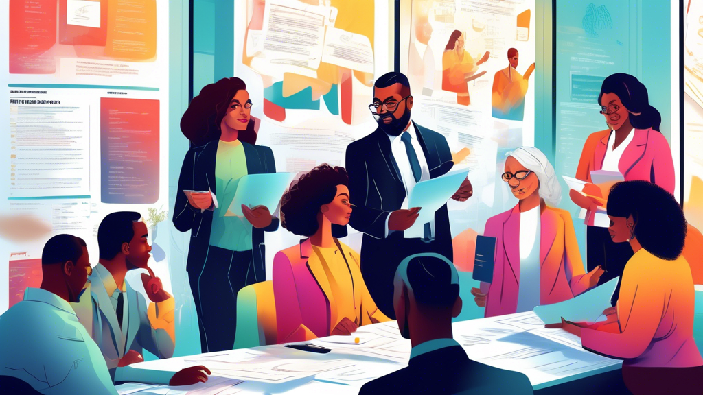 An intricate digital painting of a diverse group of professionals in a luminous, modern office setting, each holding different types of professional certificates and diplomas, engaged in discussions a