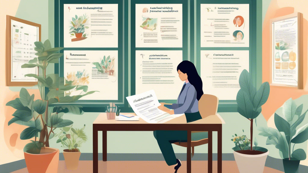 An image of a serene office environment with a therapist reviewing a document labeled 'Mental Health Credentialing Checklist.' The therapist, an Asian woman, is surrounded by helpful guides and infogr