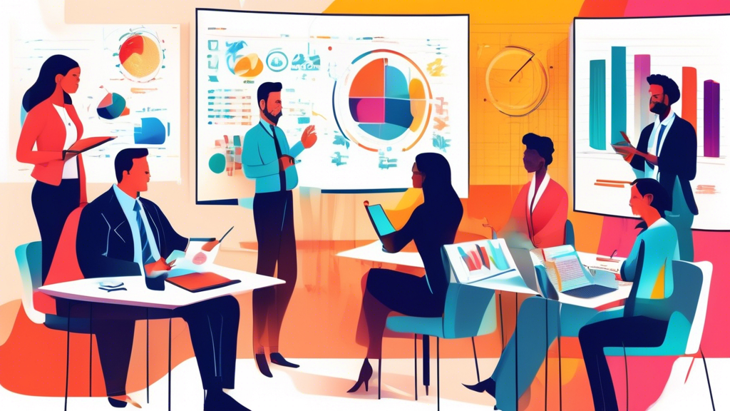 An illustration of a business meeting in a modern office setting, with diverse professionals around a table discussing and displaying charts and graphs on smart credentialing strategies, incorporating