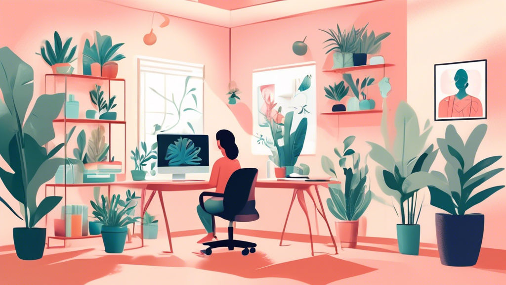An image of a serene and modern mental health clinic office, with a therapist organizing credentials on a computer, surrounded by peaceful decor such as plants and soothing art, symbolizing profession