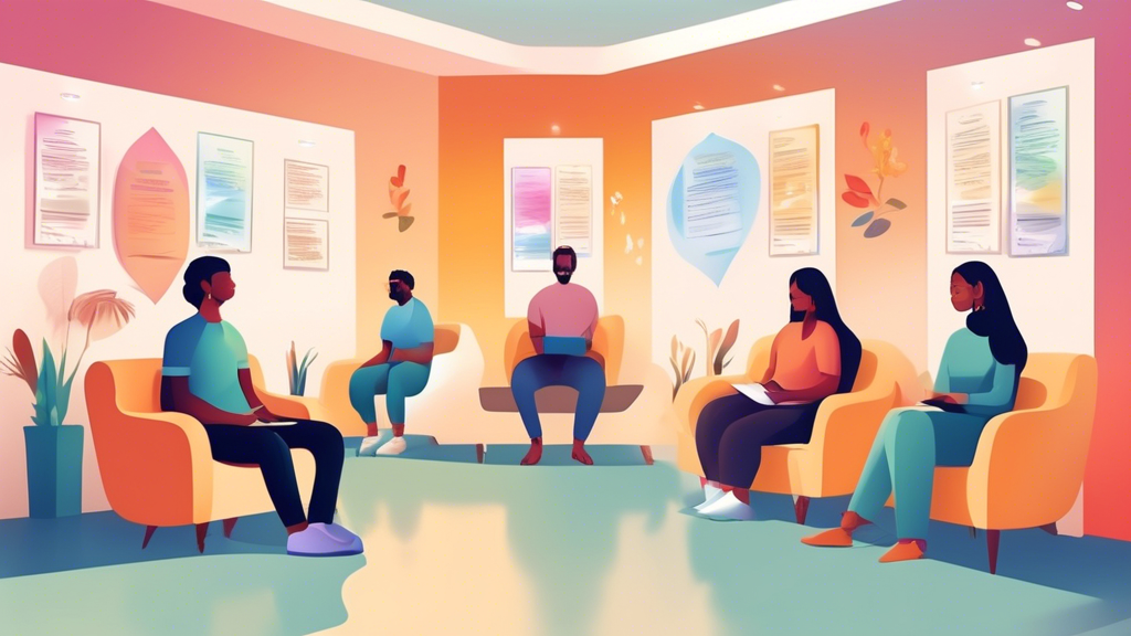 A serene mental health clinic waiting room displaying various professional certificates on the wall, with diverse people sitting comfortably, engaged in relaxing activities like reading or meditation,