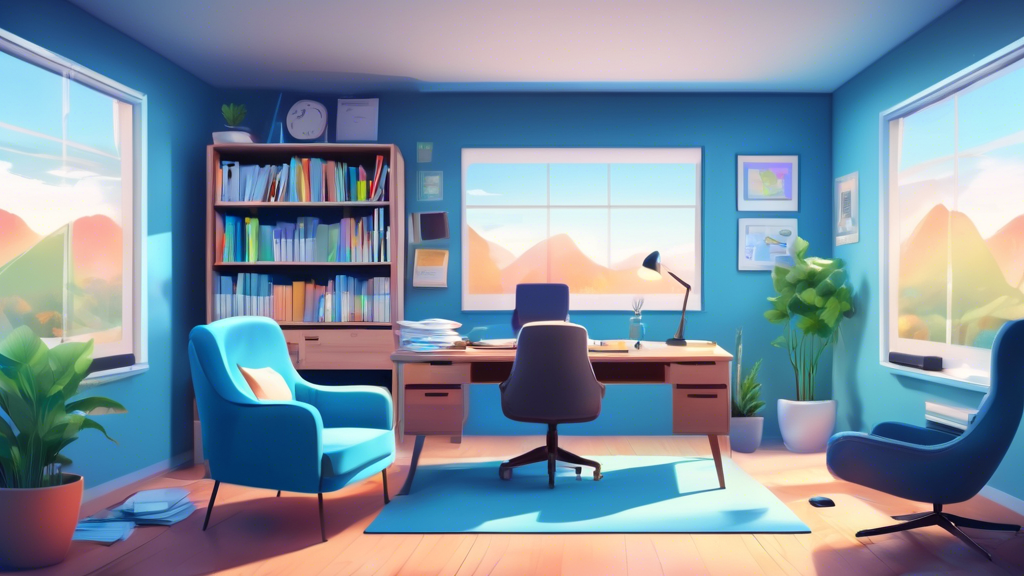 A serene office space with a calming blue theme, featuring a desk covered in various mental health certification documents and a computer displaying an online credentialing platform. In the background