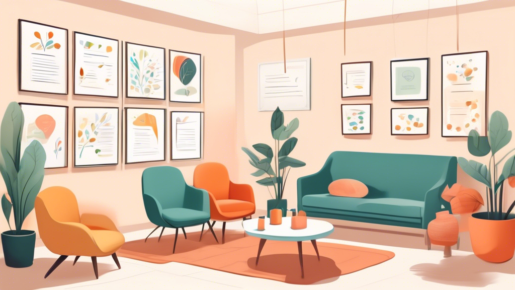 An illustration of a serene and welcoming therapist's office, with visible certificates of network accreditation on the wall, a cozy seating area, and happy patients discussing healthcare plans with a