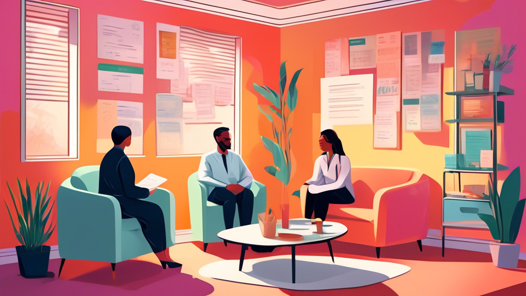 An intricate digital artwork depicting a serene and professional therapist's office. A therapist and a client are seated, discussing options together with visible signs of various insurance panels and