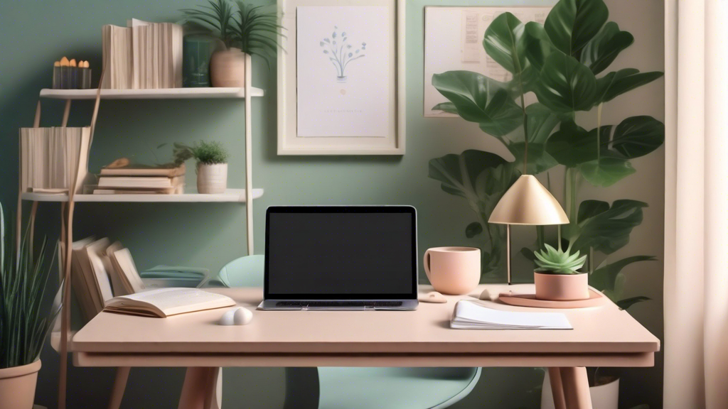 An elegant, serene home office setup with a peaceful Zen theme, featuring legal books on mental health practice, a modern laptop open to legal documents, and calming decor like indoor plants and soft