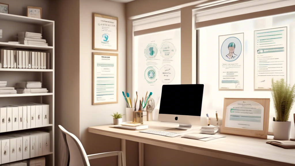 A serene home office interior with a well-organized desk featuring multiple computer screens displaying various medical credentials and certifications. On one screen, a step-by-step infographic guide